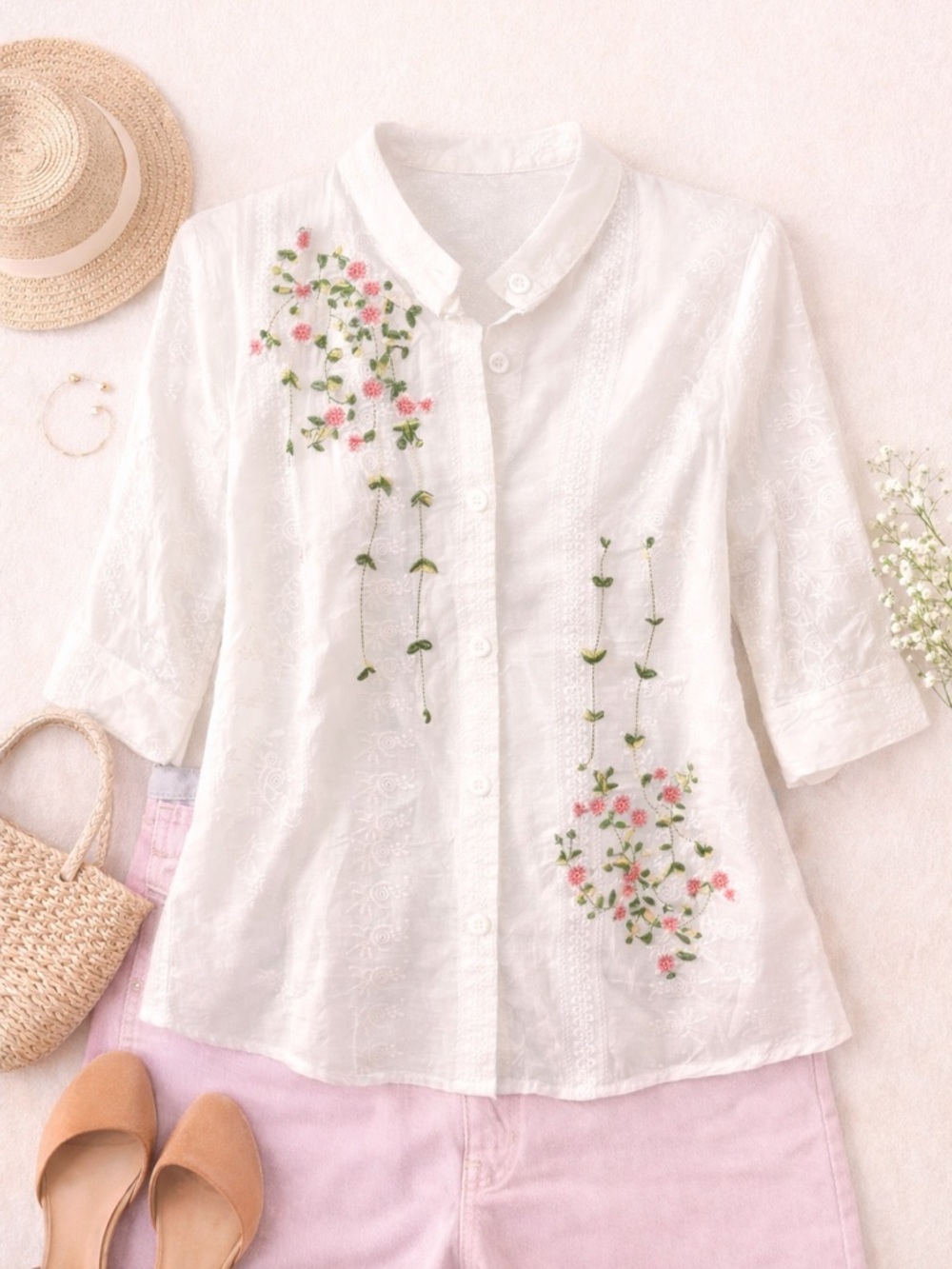 Embroidered White Floral Button-Front Women's Top